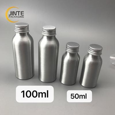 China Recyclable IN STOCK! 50ml, 100ml minisize cosmetic silver aluminum bottle with 24mm screw cap for sale