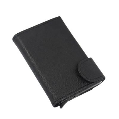 China Men Push Button Credit Acrylic Wallet Anti Theft Promotional Custom Metal Wallet RFID Blocking Card Holder Genuine Leather Wallet Anti Theft for sale