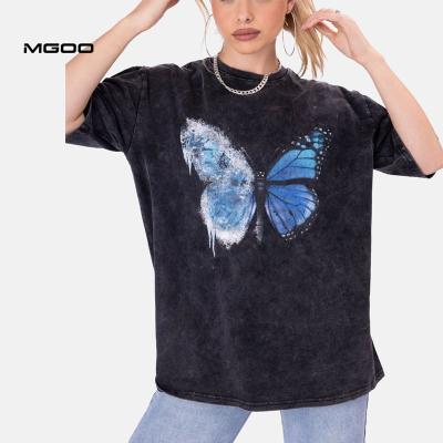 China MGOO Custom Acid Wash Print Butterfly Women T-shirts Summer Vintage Cotton Anti-pilling Tee for sale