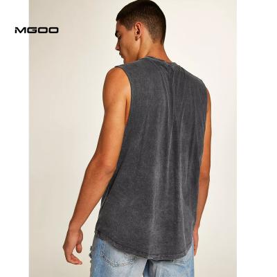 China MGOO Anti-Shrink Acid Wash T-shirt Sleeveless Curve Edge Dropped Sleeve Opening Simple Vintage Black Men Fail Top for sale