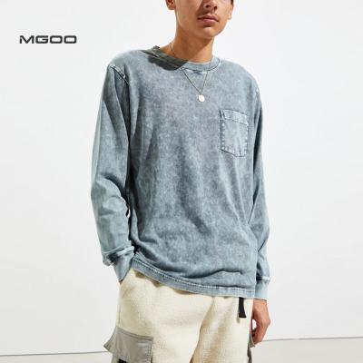 China MGOO Breathable Plain Overdyed Long Sleeve T-Shirt Custom Design Acid Wash Pocket T-Shirt for sale