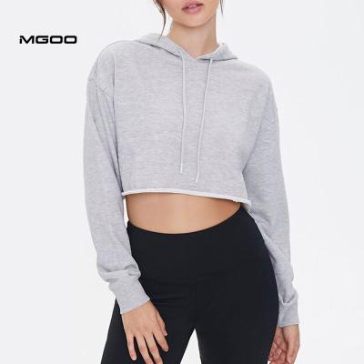 China MGOO Light Gray Cropped Hoodie Women Raw White Edge French Terry Cotton Hoodies Anti-pilling Sweater for sale