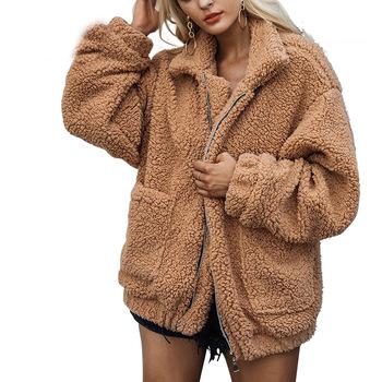 China Custom Viable Faux Lamb Woolen Coat Winter MGOO Jacket Oversized Crop Fur Coat With Pockets Vintage Outwear Women's Jackets for sale