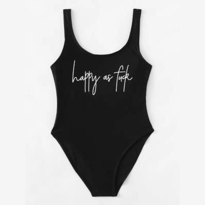 China Anti-UV Slogan Printing Low Back Swimsuit Black One Patches Monokinis Polyamide Letter Printing Material Custom Swimwear for sale