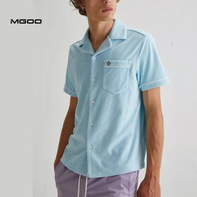 China Anti-pilling MGOO Light Blue Button Down Contrast Piping Graphic Shirts Terry Shirts Men Custom Embroidered for sale