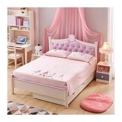 China Comfortable Wooden Kids Bed Princess Kids Girls Bed Pink Leather Bedroom Furniture Set For Home Use for sale