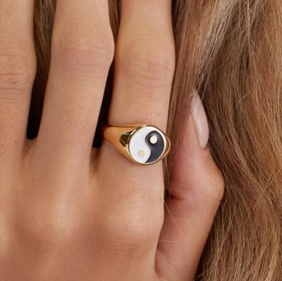 China nickel & 18K Gold Stainless Steel Jewelry Taoism Spirit Talisman Seal Lead Free Enamel Yin Yang Ring Chunky Colorful Women Exquisite Tai Chi Ring for sale