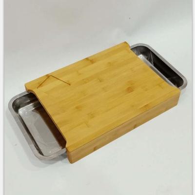 China Disposable Hot Selling Natural Bamboo Chopping Board Cutting Plate With Stainless Steel Tray for sale