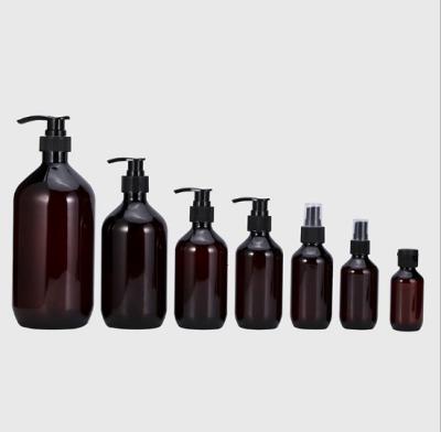 China Customized Accepting Cosmetic Plastic Pet Bottle Shampoo Pump Amber Bottle For Cosmetic Packaging for sale