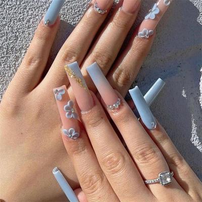 China Newest French Blue Gradient Detachable Long French Manicure Nail Tips for sale