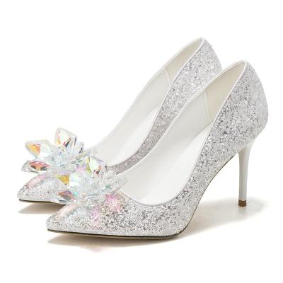 China White Toe Wedding Dress Party Shoes 2021 New Stiletto Heels Silver Pointed Sequins Crystal Steel Heels for sale