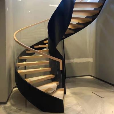 China Modern Modern Design Double Steel Plates Stairs Curved Wooden Stringer Treads Staircase With Glass Railing for sale