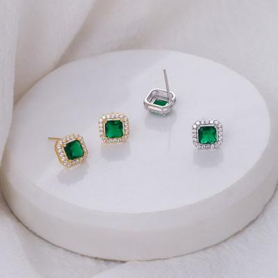 China CLASSIC Classic Emerald Green Zircon Studs Earrings Gold Plated 925 Sterling Silver Earrings Women Jewelry for sale