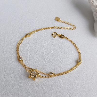 China Star FASHIONABLE Zircon Double Layer Chain Dangle Women 925 Sterling Silver Gold Plated Charm Bracelets for sale