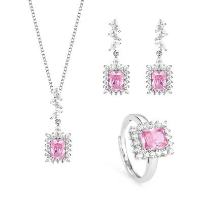 China Pink CLASSIC Zircon Wedding 4A Jewelry Set Women Luxury Necklace Pendant Ring Earrings 925 Sterling Silver for sale