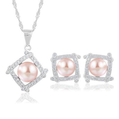 China Romantic Purple Zircon Pearl Jewelry 925 Sterling Silver Pearl Earrings Necklaces Wedding Bridal Jewelry Set for sale