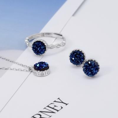 China Amazon FASHION Hot Sale Natural Agate Dark Blue Crystal Sets 925 Silver Women Necklace and Earrings Jewelry Set for sale