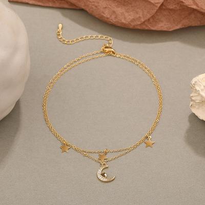 China TRENDY Double Layer Chain Moon Star Women Girls Foot Jewelry With Charms 925 Sterling Silver Anklets for sale