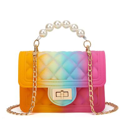 China Waterproof Rainbow Jelly Colorful Crossbody Bags Pearl 2021 New Jelly Chain Square Bag Ladies Shoulder PVC Fashion Handbags for sale