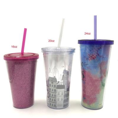 China PS Double Wall With Lid And Straw Promotional Acrylic Wall Insulated 16oz/20oz/24oz BPA Free Souvenir Tumbler Mugs Double With Lid And Straw for sale