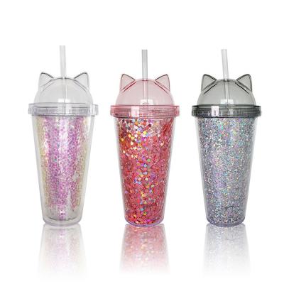 China Custom Durable 16oz Double Wall Tumbler Plastic Drinkware With Cat Ear Shaped Lid And Straw for sale