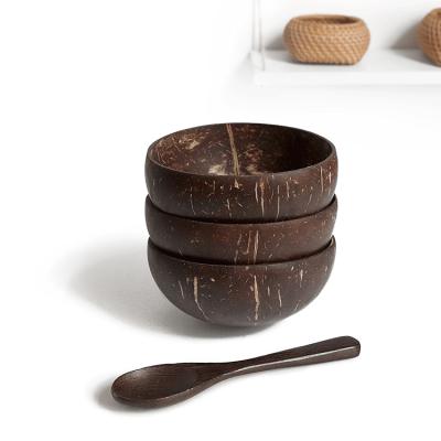 China Sustainable New Arrival High Quality Wooden Bowl Salad Coconut Ice Cream Shell Spoon Fork Straw Bowl Natural Eco-friendly Set for sale