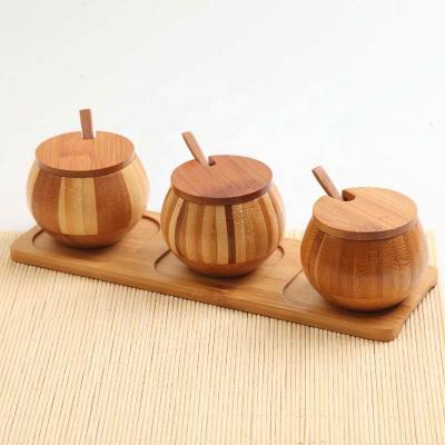 China Sustainable 3 Pieces Set Bamboo Salt Box , Eco - Friendly Healthy Spice Container Seasoning Jar With Wooden Lid for sale