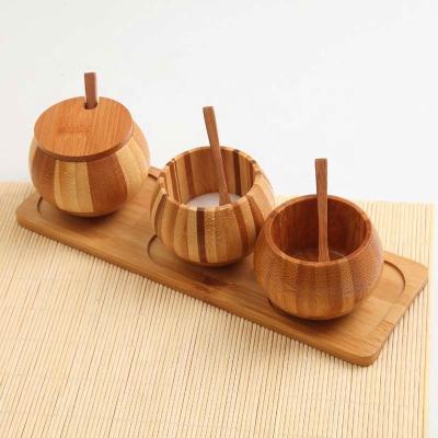 China Sustainable Wholesale Bamboo Bowl With Wooden Cover , Salt Sugar Storage Box Wooden Spice Seasoning Bowl for sale