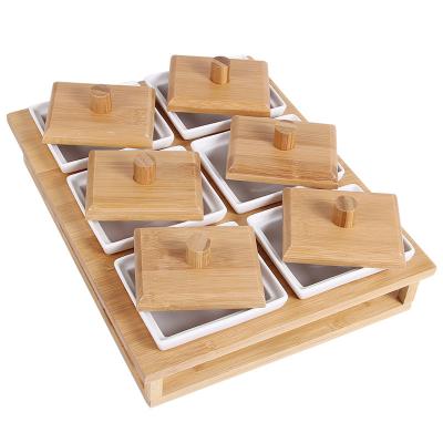 China New Style Best Selling Creative Dried Fruit Storage Box Severial Ceramic Bowl With Bamboo Tray for sale