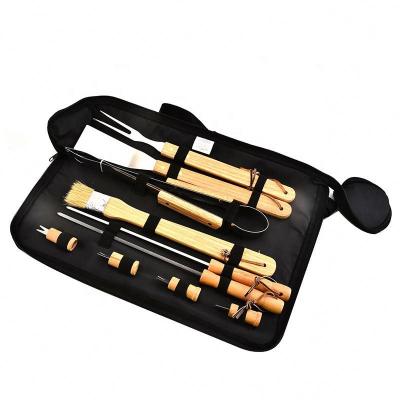 China Natural Style Handle Easily Cleaned Portable Wood BBQ Set Of 10 Stainless Steel BBQ Tools Travel Wooden BBQ Grill Set for sale