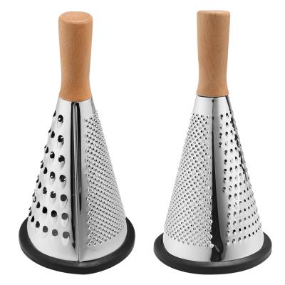 China Sustainable food grade stainless steel tapered vegetable grater comes with a wooden handle for safety for sale