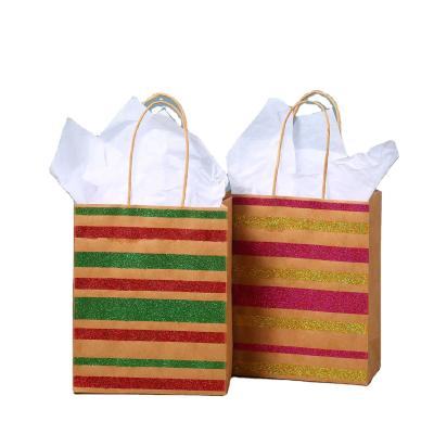 China Recyclable Glitter Two Color Design Cheap Kraft Paper Bag With Twisted Handles For Packing Foods Or Gifts for sale