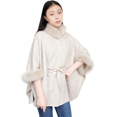 China Good quality wool free size winter cape coat fine ladies yarn dyed fox fur trim cape coat for sale