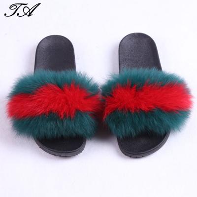 China Real Fox PVC Fur Ball 2 Lightweight Luxury Race Logo House Slide Slippers Fluffy Custom Design for sale