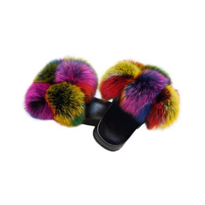 China Wholesale Custom Fashion Trend Women Autumn Winter Fluffy Colorful Real Fox Fur Slippers for sale