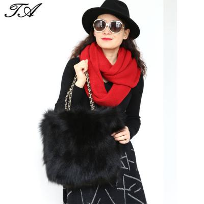 China Fashion Ladies Patch Work Black Fox Fur Fluffy Tote Bag for sale