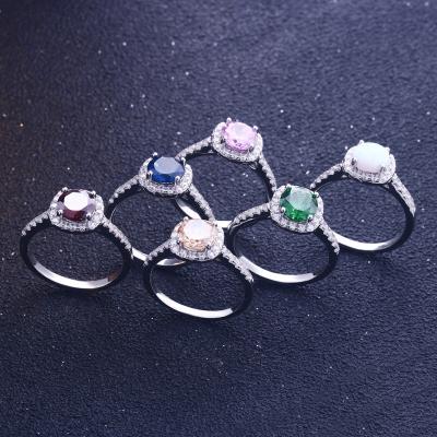 China Desktop / Quarry 925 Sterling Silver Opal Rings Red Blue Gemstone Corundum Round Bezel Set Jewelry Ring for sale