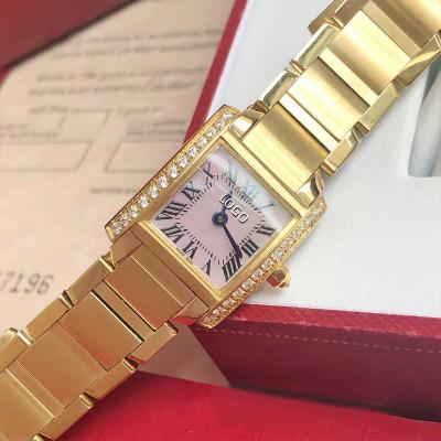 China Automatic date 20*25mm luxury watch for men and women, yellow gold case set with 25 round brilliant cut diamonds for sale