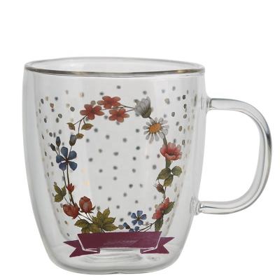 China Morden Luxury High Temperature Resistant Double High Borosilicate Glass Printed Coffee Mug for sale