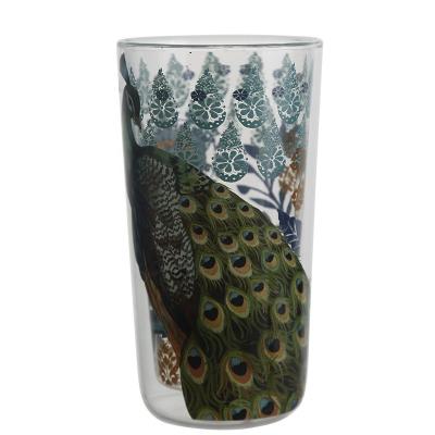 China Morden Luxury Double Wall Water Cup Green Peacock Printing High Temperature Resistance Glass Mug for sale