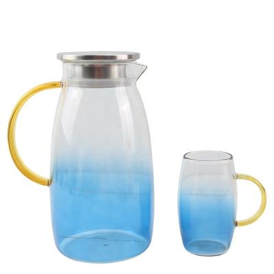 China Sustainable Transparent And Sky Blue Color Glass Water Jar Set Cold And Hot Drink Pot With Six Cups for sale