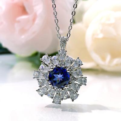 China New S925 Sterling Silver Blue Gem Pendant 5A Water Wave Zircon Female Jewelry CLASSIC Simple Chain Necklace for sale