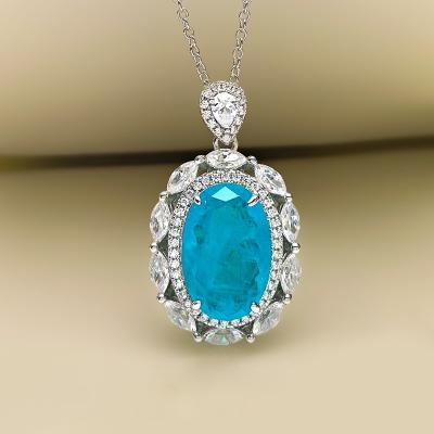 China 2021 New S925 Romantic Silver Paraiba Ocean Blue 10*15 Oval Pendant Lucky Necklace Jewelry for sale