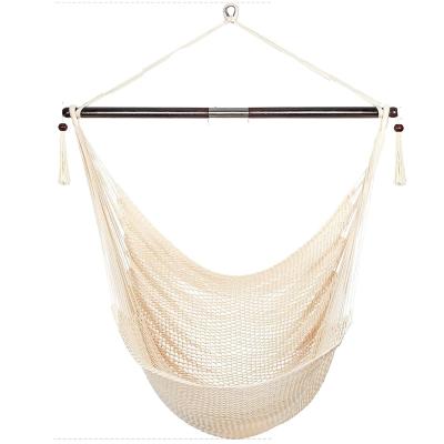 China Large white cotton woven round hammock caribbean hammock chair, durable polyester hanging chair, chair hammock with foldable spreader bar for sale