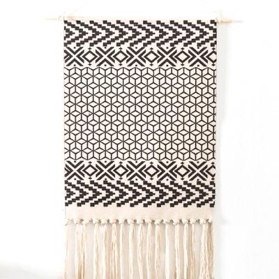 China Minimalist classic simple black and white lozenge fringed tapestry, living room ornament pendant, made of pure cotton and linen for sale