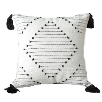 China Cooling black and white diamond tassel cotton and linen decorative pillow, suitable for sofa, bedroom for sale