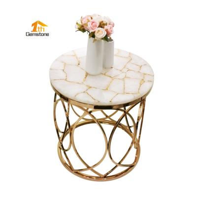 China (Other) Adjustable Gold Sparkle Infused White Crystal Agate Round Organic Edge Side / Coffee Table for sale