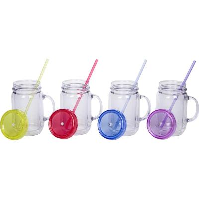 China Color Customized Beverage Straw 18oz Cup Double Wall Plastic Mason Jar With Handle For Juice for sale