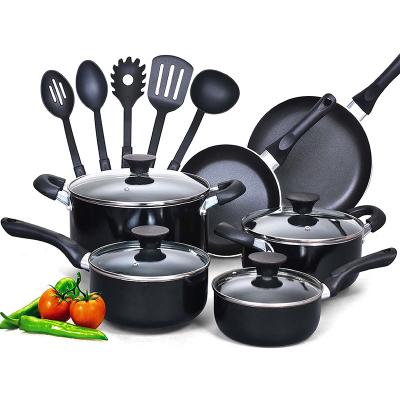 China 15 Piece Non Sustainable Stick Black Soft Handle Cookware Set For Home Cooking Pans And Pots for sale