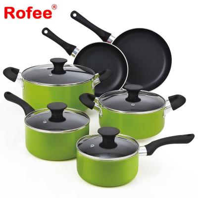 China Best Price 10Pcs Viable Bottom Green Spiral Stick Non Cooking Ceramic Coating Cookware Pot Set for sale